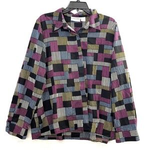 Alfred Dunner 16P Button Up Shirt Multicolor Block Long Sleeve Womens Top Blouse